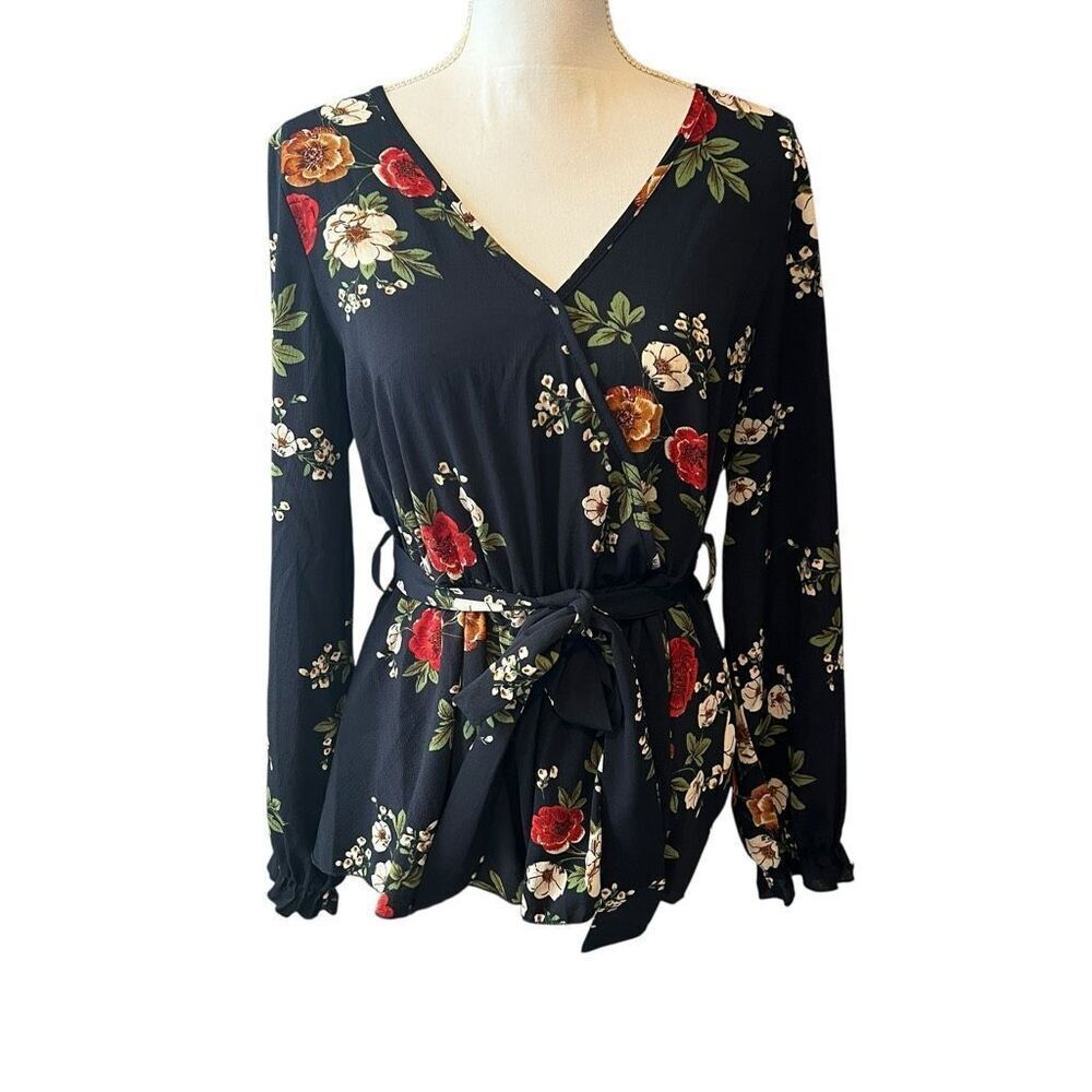 SHEIN Navy Blue Floral Long Sleeve Blouse Size XL